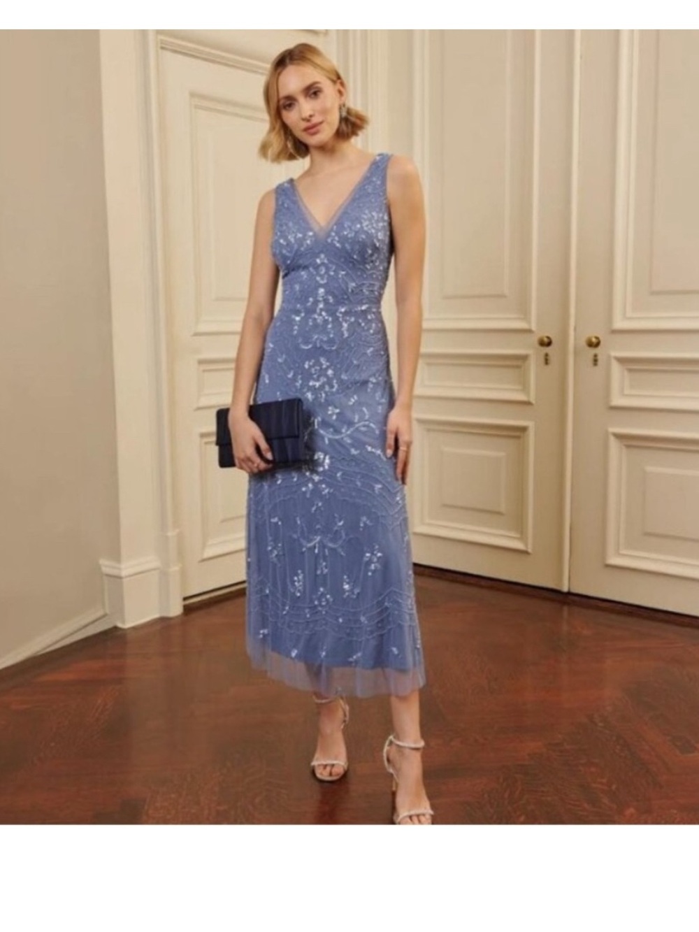 Adrianna Papell Dress SZ 0 Blue Sequin Beaded Midi Formal Cocktail NWT GALA MOB